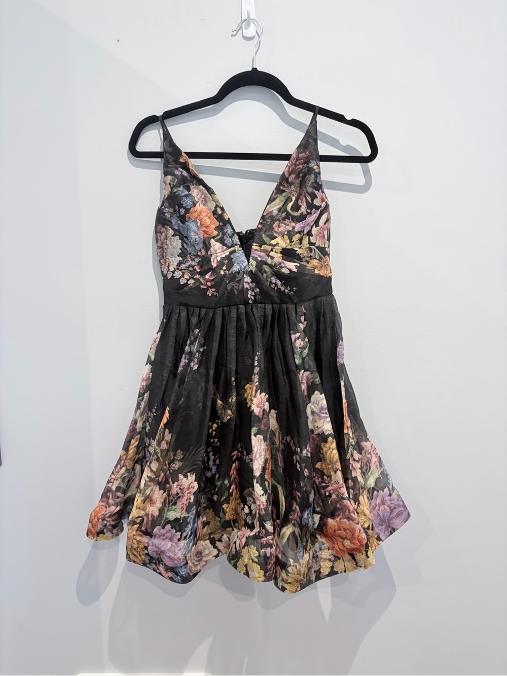 Floral V-Neck Mini Dress in Black with Multicolor Blooms